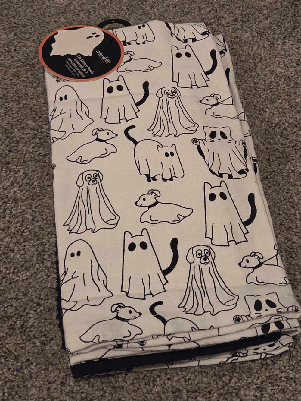 Ghost Dog & Ghost Cat Black & White Kitchen Towels Set Of 3